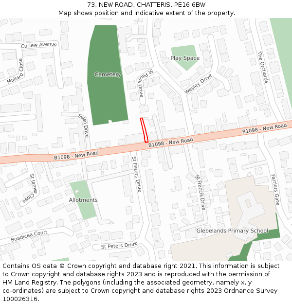 73, NEW ROAD, CHATTERIS, PE16 6BW: Location map and indicative extent of plot