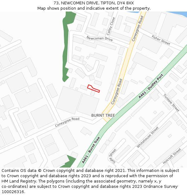 73, NEWCOMEN DRIVE, TIPTON, DY4 8XX: Location map and indicative extent of plot