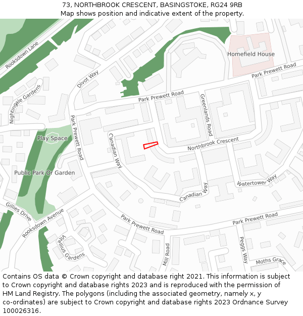 73, NORTHBROOK CRESCENT, BASINGSTOKE, RG24 9RB: Location map and indicative extent of plot