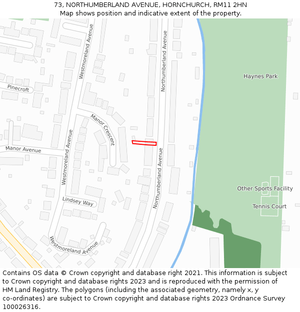 73, NORTHUMBERLAND AVENUE, HORNCHURCH, RM11 2HN: Location map and indicative extent of plot