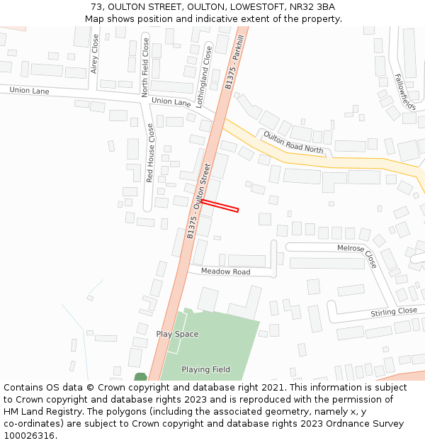 73, OULTON STREET, OULTON, LOWESTOFT, NR32 3BA: Location map and indicative extent of plot