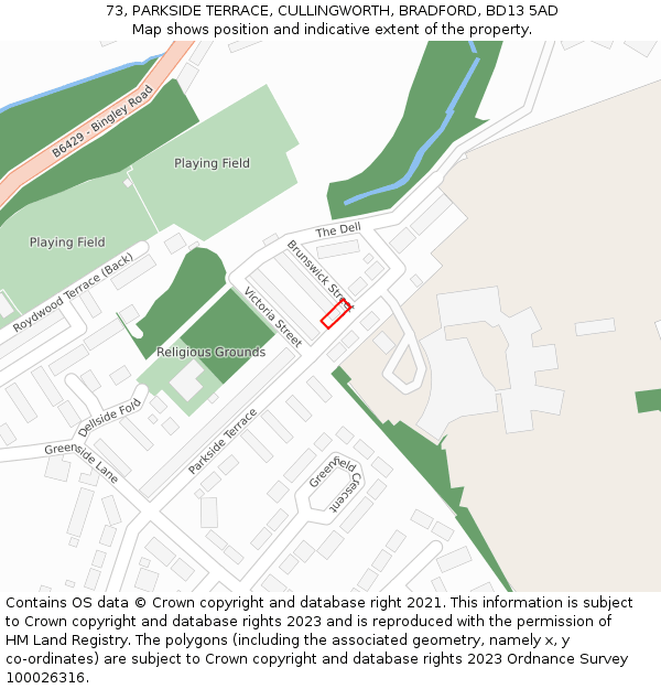 73, PARKSIDE TERRACE, CULLINGWORTH, BRADFORD, BD13 5AD: Location map and indicative extent of plot