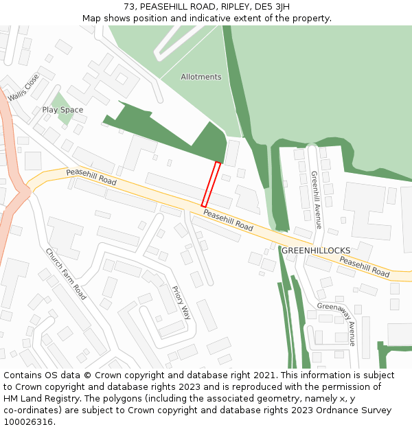 73, PEASEHILL ROAD, RIPLEY, DE5 3JH: Location map and indicative extent of plot