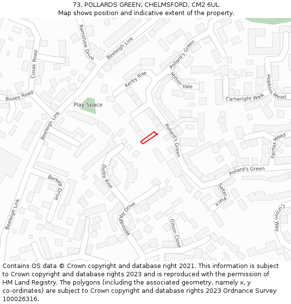 73, POLLARDS GREEN, CHELMSFORD, CM2 6UL: Location map and indicative extent of plot