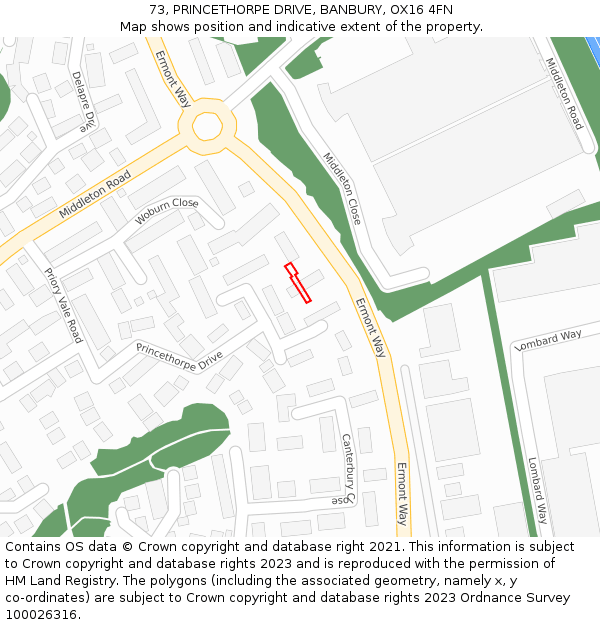 73, PRINCETHORPE DRIVE, BANBURY, OX16 4FN: Location map and indicative extent of plot