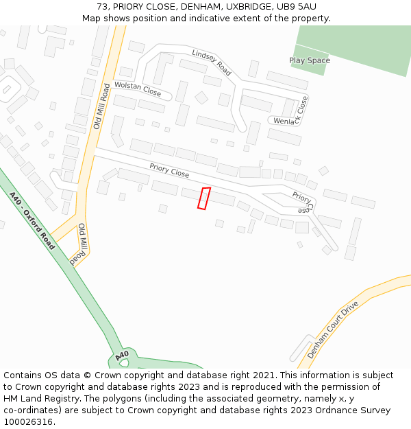 73, PRIORY CLOSE, DENHAM, UXBRIDGE, UB9 5AU: Location map and indicative extent of plot