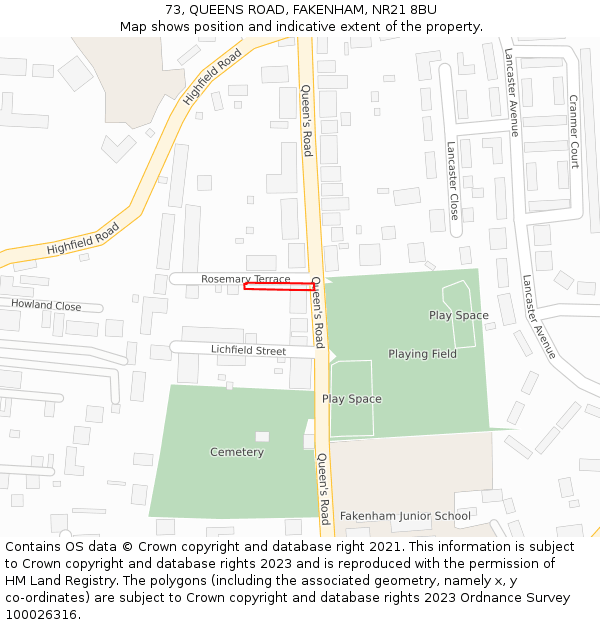 73, QUEENS ROAD, FAKENHAM, NR21 8BU: Location map and indicative extent of plot