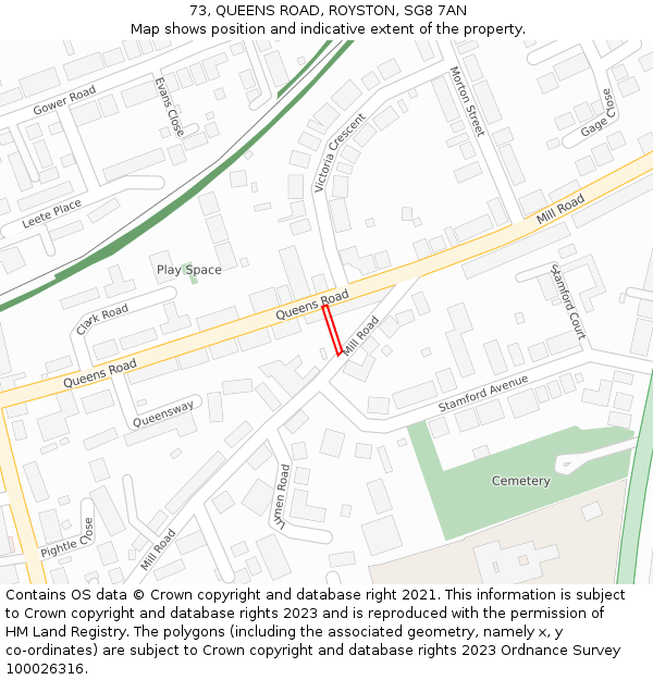 73, QUEENS ROAD, ROYSTON, SG8 7AN: Location map and indicative extent of plot