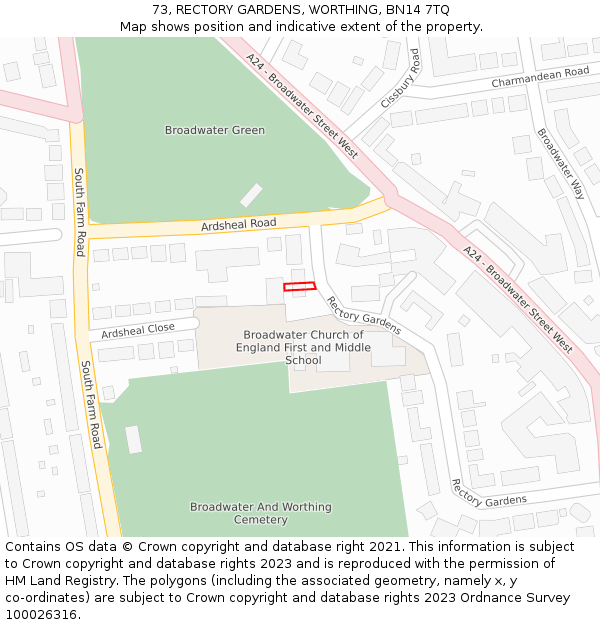 73, RECTORY GARDENS, WORTHING, BN14 7TQ: Location map and indicative extent of plot