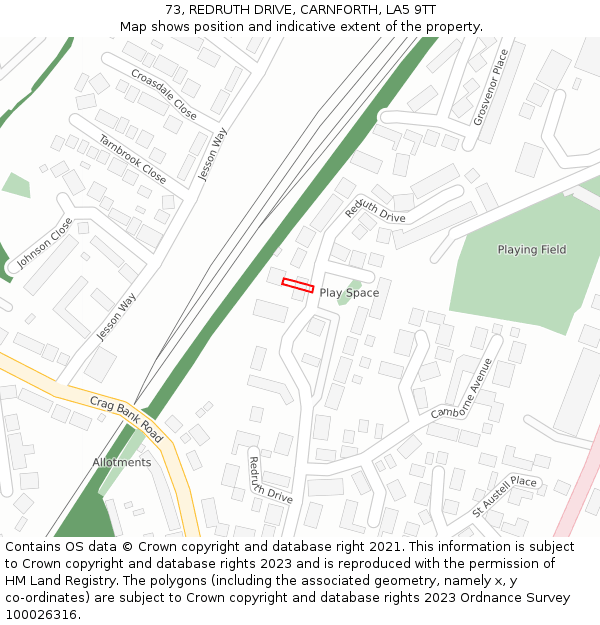 73, REDRUTH DRIVE, CARNFORTH, LA5 9TT: Location map and indicative extent of plot