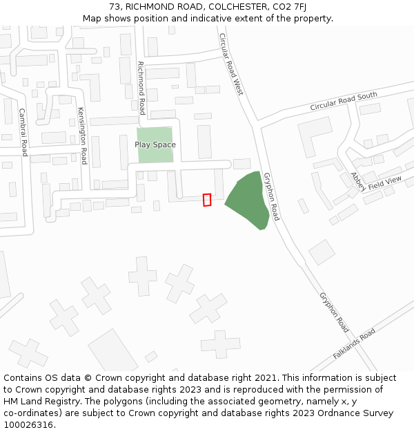 73, RICHMOND ROAD, COLCHESTER, CO2 7FJ: Location map and indicative extent of plot