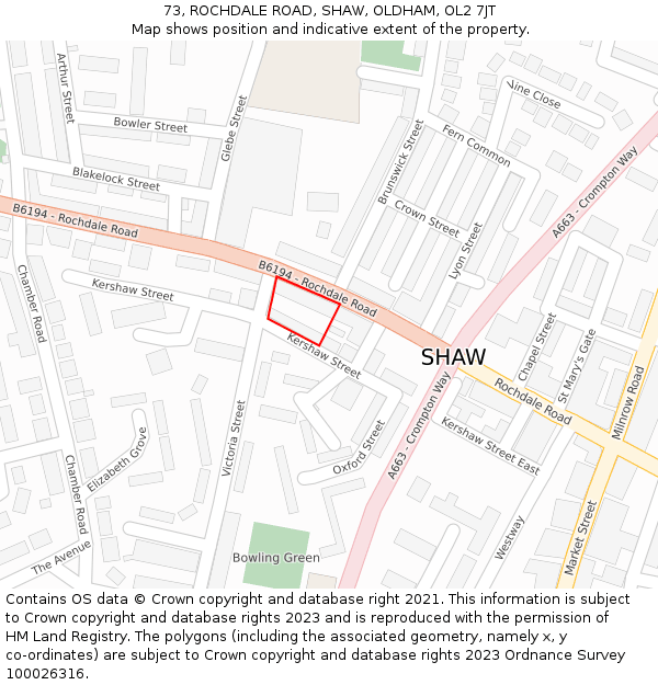 73, ROCHDALE ROAD, SHAW, OLDHAM, OL2 7JT: Location map and indicative extent of plot