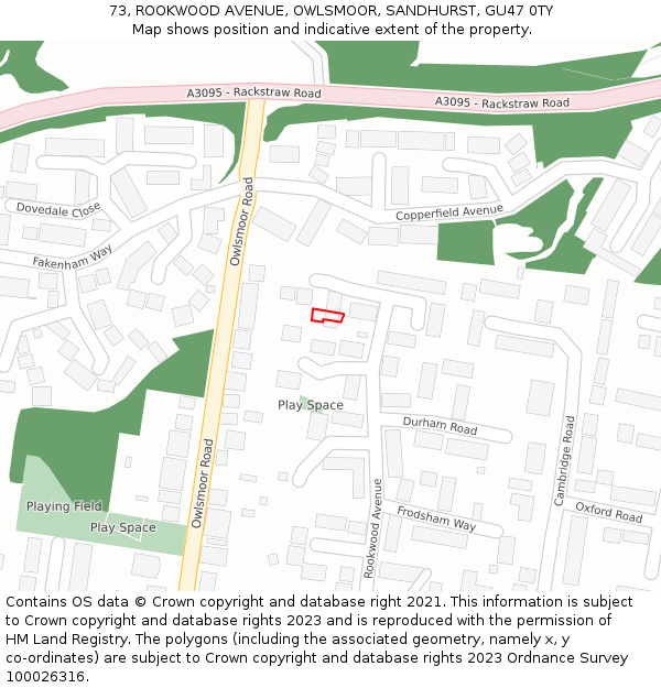 73, ROOKWOOD AVENUE, OWLSMOOR, SANDHURST, GU47 0TY: Location map and indicative extent of plot