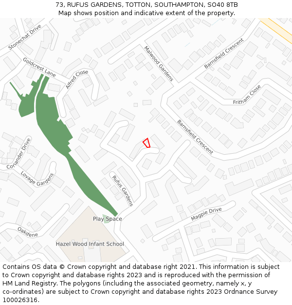 73, RUFUS GARDENS, TOTTON, SOUTHAMPTON, SO40 8TB: Location map and indicative extent of plot
