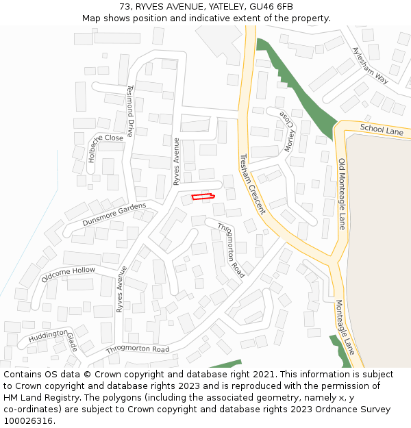 73, RYVES AVENUE, YATELEY, GU46 6FB: Location map and indicative extent of plot