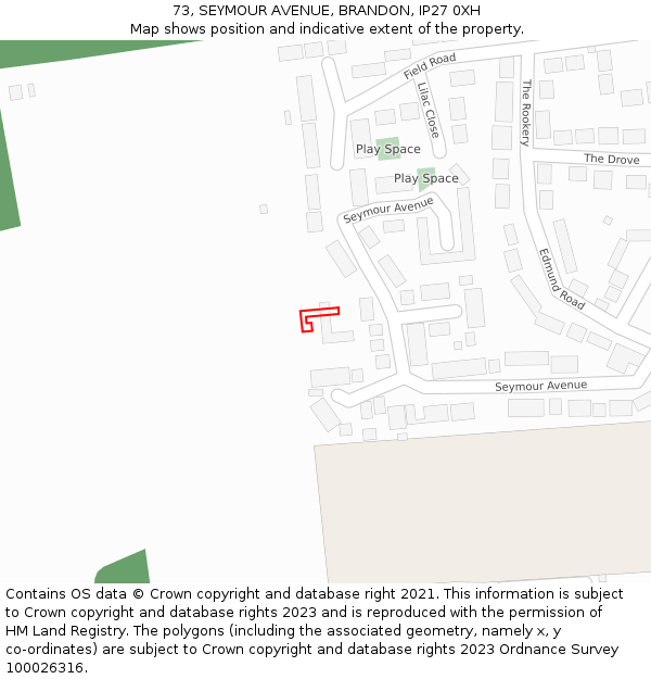 73, SEYMOUR AVENUE, BRANDON, IP27 0XH: Location map and indicative extent of plot