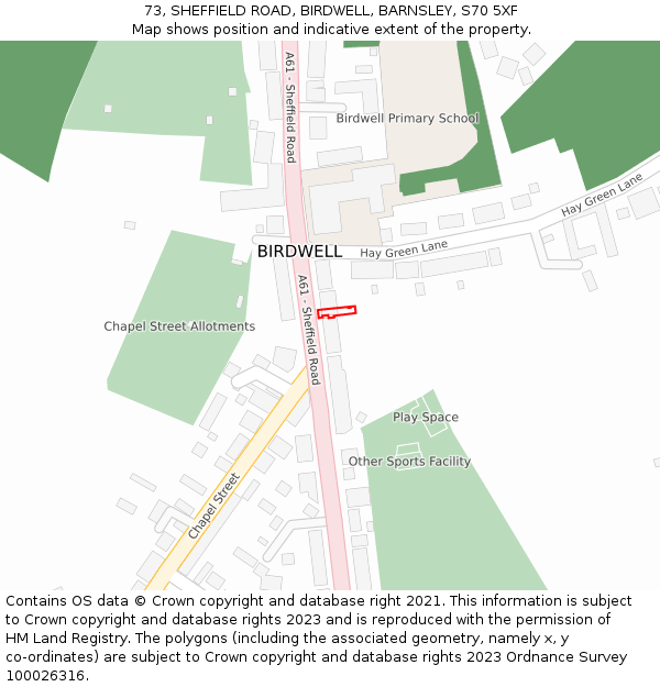 73, SHEFFIELD ROAD, BIRDWELL, BARNSLEY, S70 5XF: Location map and indicative extent of plot