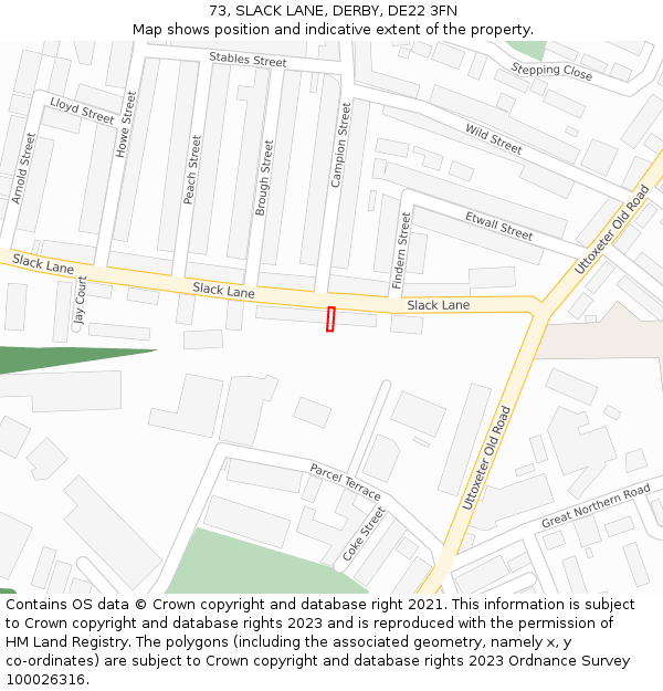 73, SLACK LANE, DERBY, DE22 3FN: Location map and indicative extent of plot