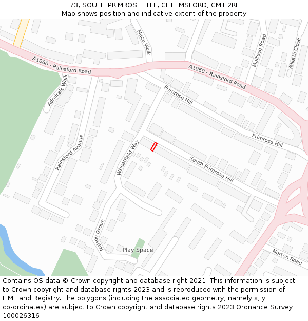73, SOUTH PRIMROSE HILL, CHELMSFORD, CM1 2RF: Location map and indicative extent of plot