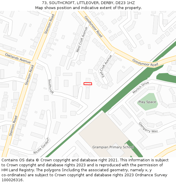 73, SOUTHCROFT, LITTLEOVER, DERBY, DE23 1HZ: Location map and indicative extent of plot
