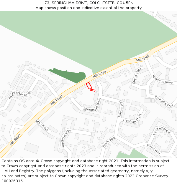 73, SPRINGHAM DRIVE, COLCHESTER, CO4 5FN: Location map and indicative extent of plot