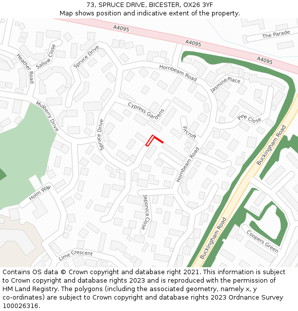 73, SPRUCE DRIVE, BICESTER, OX26 3YF: Location map and indicative extent of plot