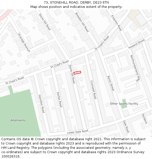 73, STONEHILL ROAD, DERBY, DE23 6TN: Location map and indicative extent of plot