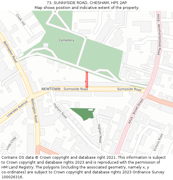 73, SUNNYSIDE ROAD, CHESHAM, HP5 2AP: Location map and indicative extent of plot
