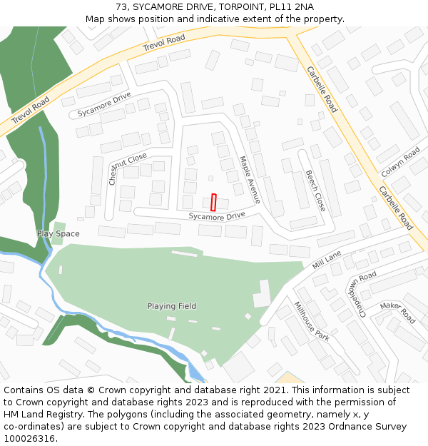 73, SYCAMORE DRIVE, TORPOINT, PL11 2NA: Location map and indicative extent of plot