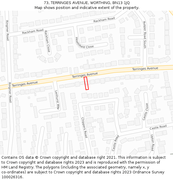 73, TERRINGES AVENUE, WORTHING, BN13 1JQ: Location map and indicative extent of plot
