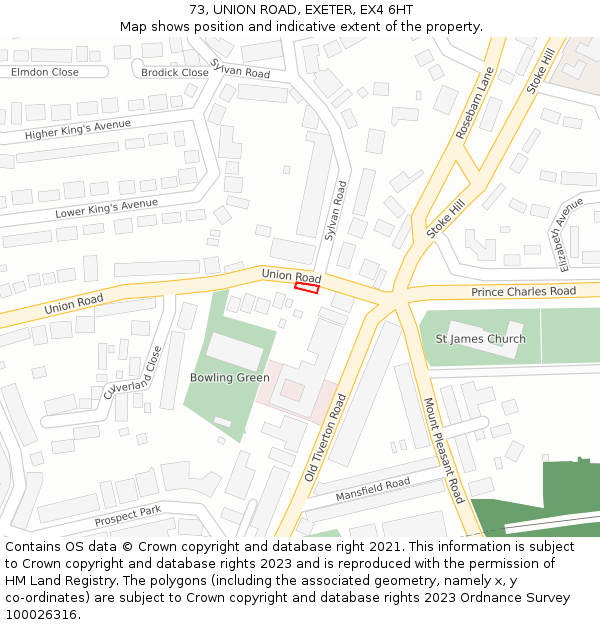73, UNION ROAD, EXETER, EX4 6HT: Location map and indicative extent of plot