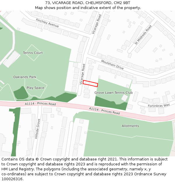 73, VICARAGE ROAD, CHELMSFORD, CM2 9BT: Location map and indicative extent of plot