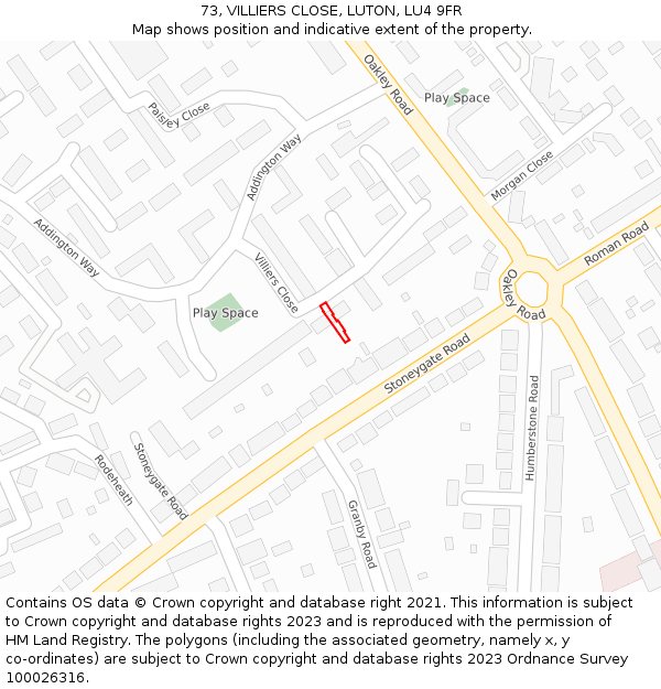 73, VILLIERS CLOSE, LUTON, LU4 9FR: Location map and indicative extent of plot