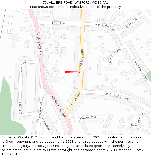 73, VILLIERS ROAD, WATFORD, WD19 4AL: Location map and indicative extent of plot