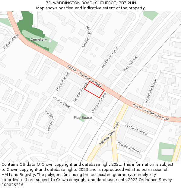 73, WADDINGTON ROAD, CLITHEROE, BB7 2HN: Location map and indicative extent of plot