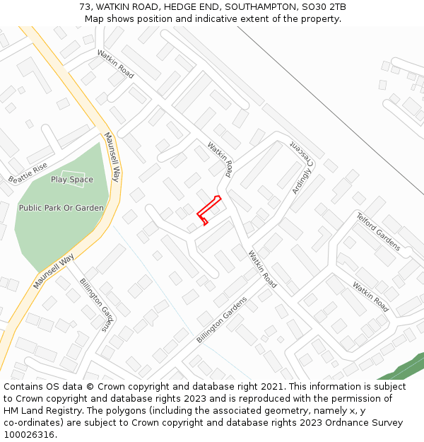 73, WATKIN ROAD, HEDGE END, SOUTHAMPTON, SO30 2TB: Location map and indicative extent of plot