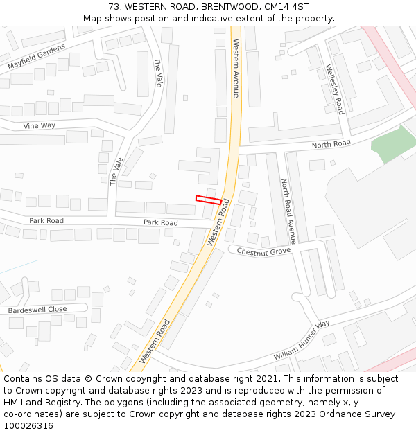 73, WESTERN ROAD, BRENTWOOD, CM14 4ST: Location map and indicative extent of plot