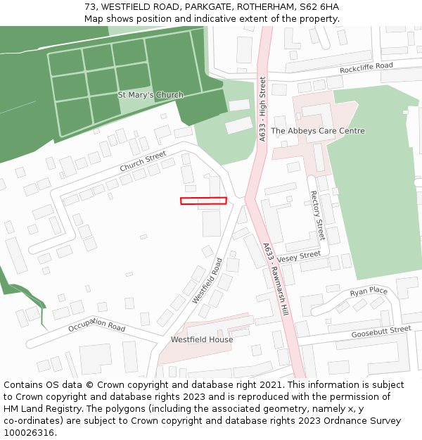 73, WESTFIELD ROAD, PARKGATE, ROTHERHAM, S62 6HA: Location map and indicative extent of plot