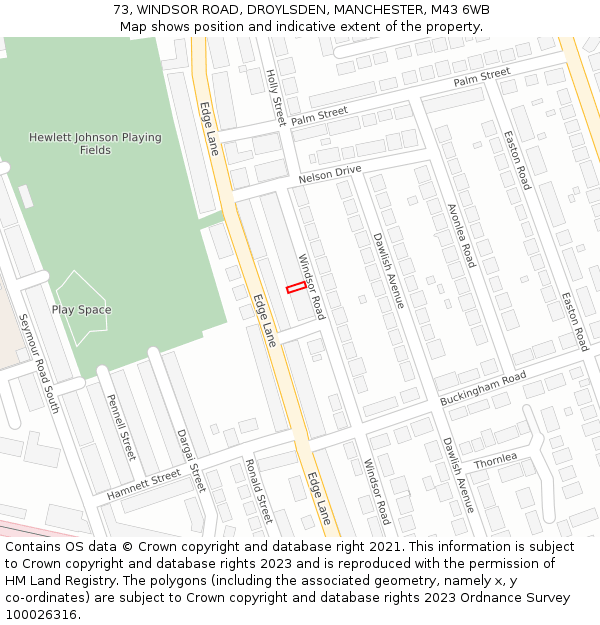 73, WINDSOR ROAD, DROYLSDEN, MANCHESTER, M43 6WB: Location map and indicative extent of plot