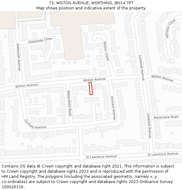 73, WISTON AVENUE, WORTHING, BN14 7PT: Location map and indicative extent of plot