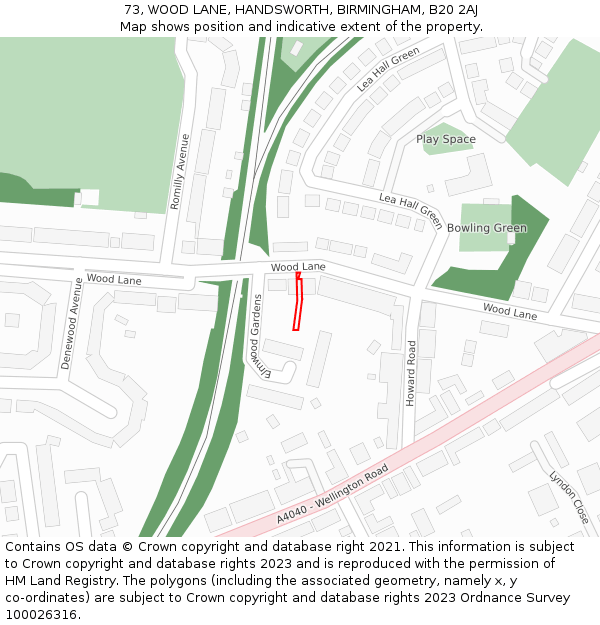 73, WOOD LANE, HANDSWORTH, BIRMINGHAM, B20 2AJ: Location map and indicative extent of plot