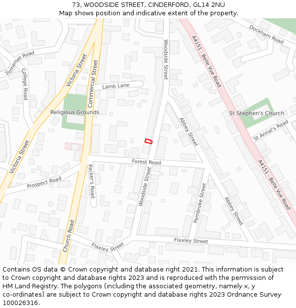 73, WOODSIDE STREET, CINDERFORD, GL14 2NU: Location map and indicative extent of plot