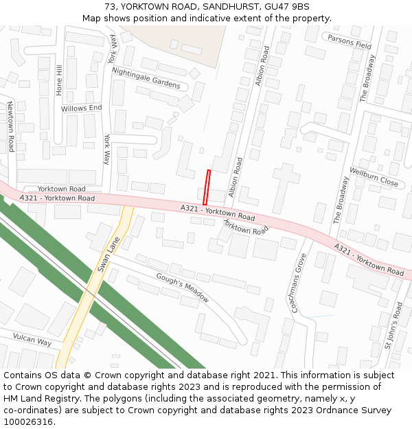 73, YORKTOWN ROAD, SANDHURST, GU47 9BS: Location map and indicative extent of plot
