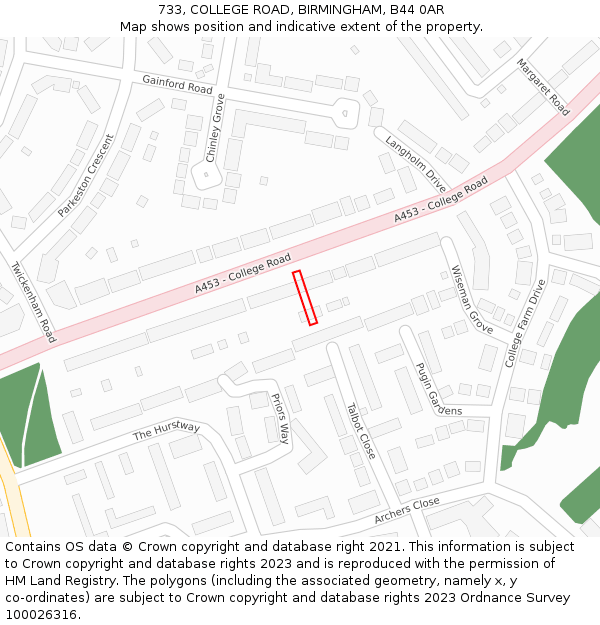 733, COLLEGE ROAD, BIRMINGHAM, B44 0AR: Location map and indicative extent of plot