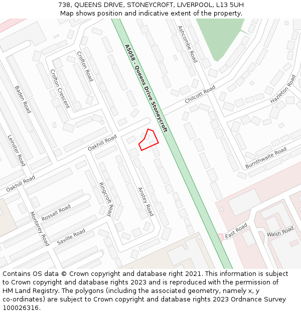 738, QUEENS DRIVE, STONEYCROFT, LIVERPOOL, L13 5UH: Location map and indicative extent of plot