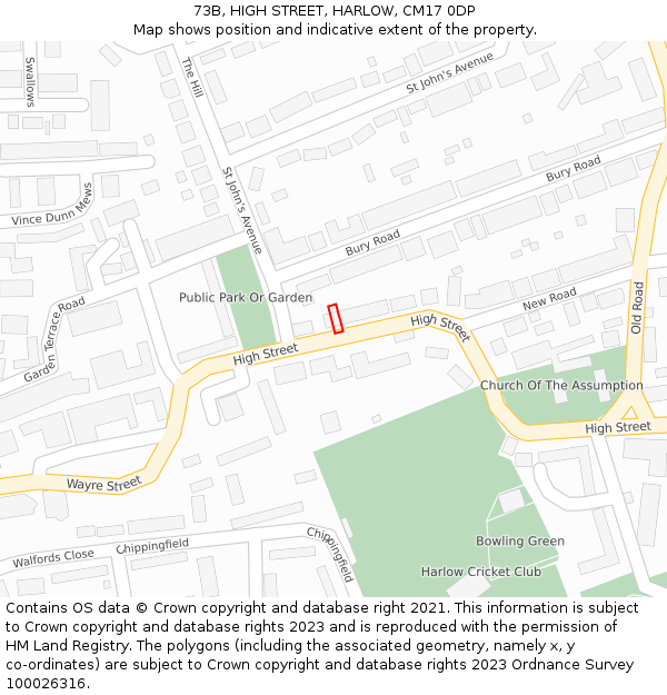 73B, HIGH STREET, HARLOW, CM17 0DP: Location map and indicative extent of plot