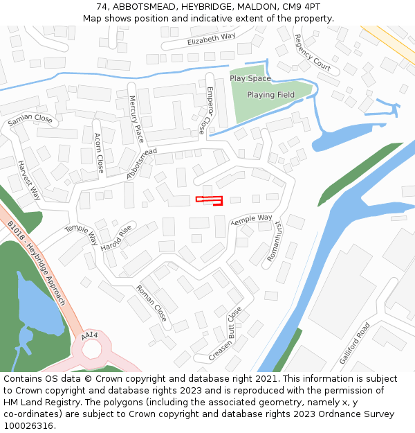 74, ABBOTSMEAD, HEYBRIDGE, MALDON, CM9 4PT: Location map and indicative extent of plot