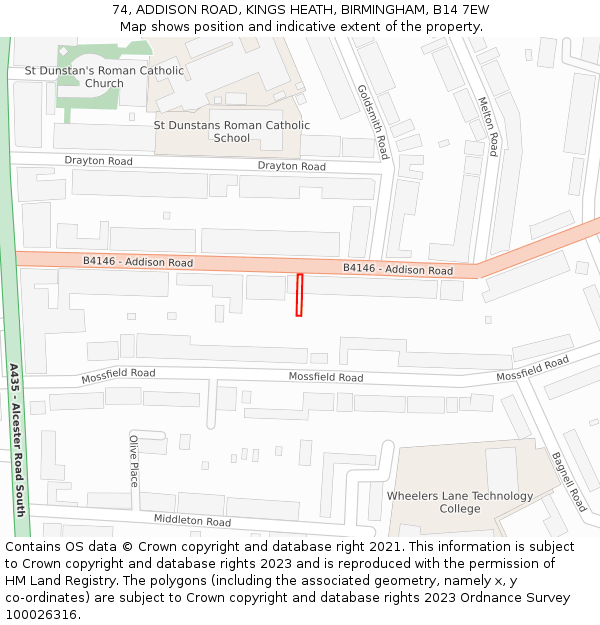 74, ADDISON ROAD, KINGS HEATH, BIRMINGHAM, B14 7EW: Location map and indicative extent of plot
