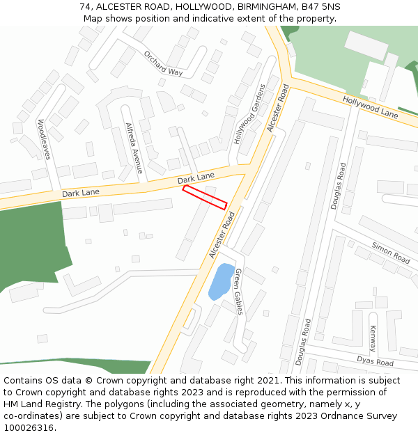 74, ALCESTER ROAD, HOLLYWOOD, BIRMINGHAM, B47 5NS: Location map and indicative extent of plot