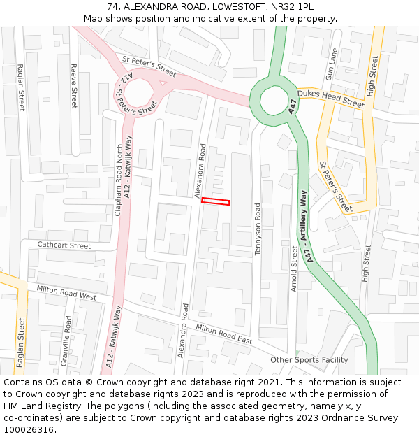 74, ALEXANDRA ROAD, LOWESTOFT, NR32 1PL: Location map and indicative extent of plot